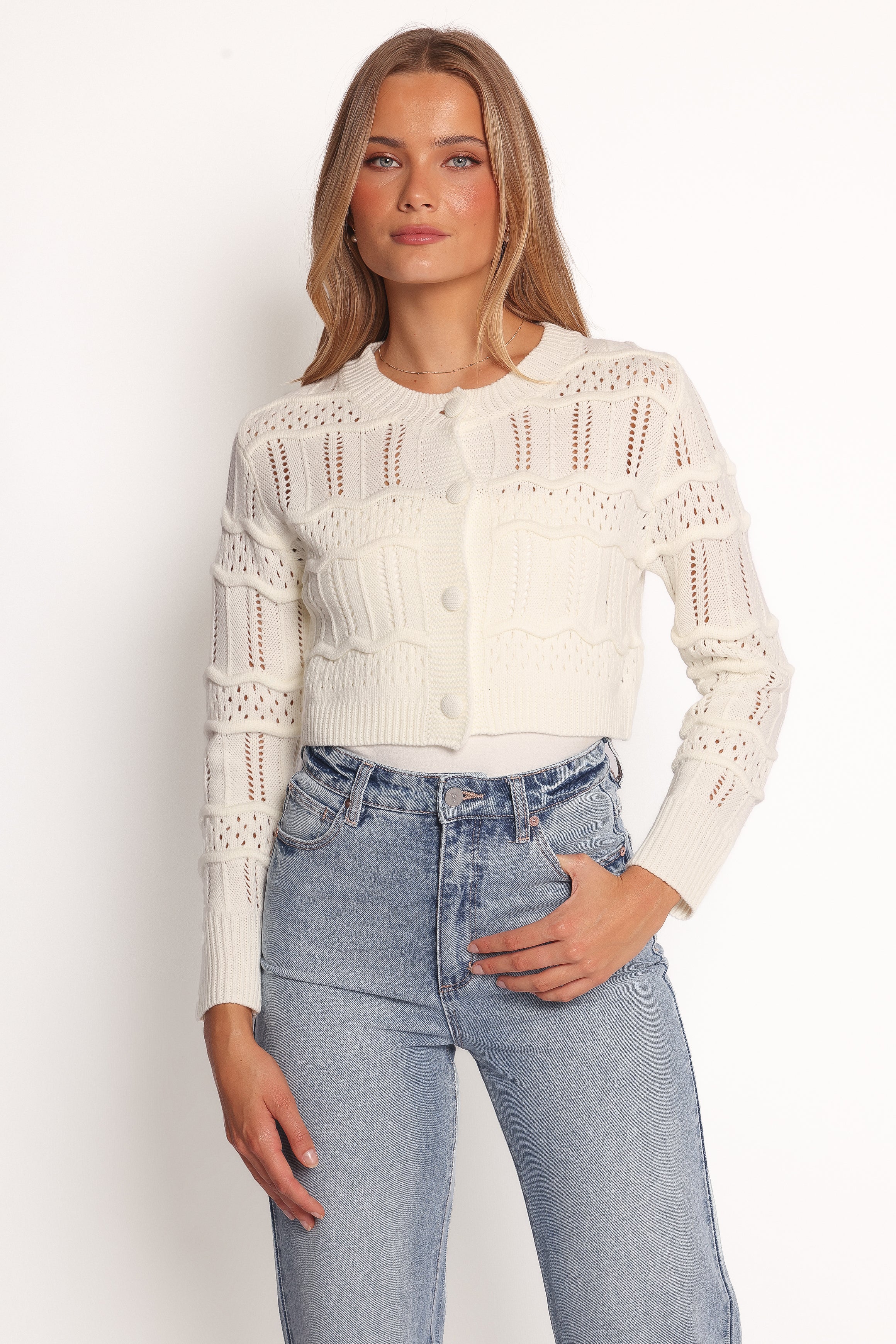 Aidy Crop Button Front Cardigan - White
