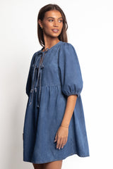 Romana Tie Front Mini Dress - Dark Denim