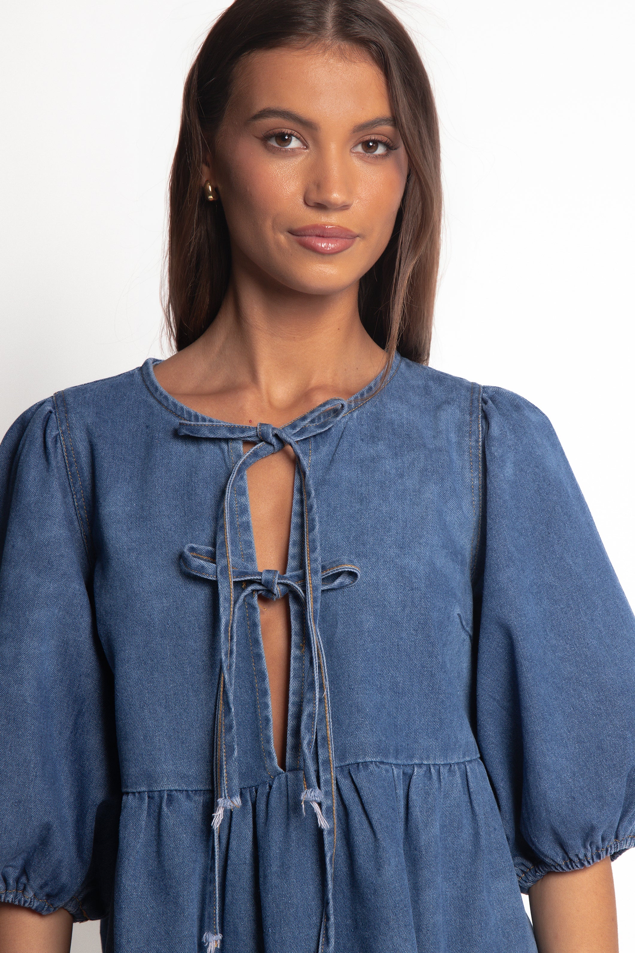 Romana Tie Front Mini Dress - Dark Denim